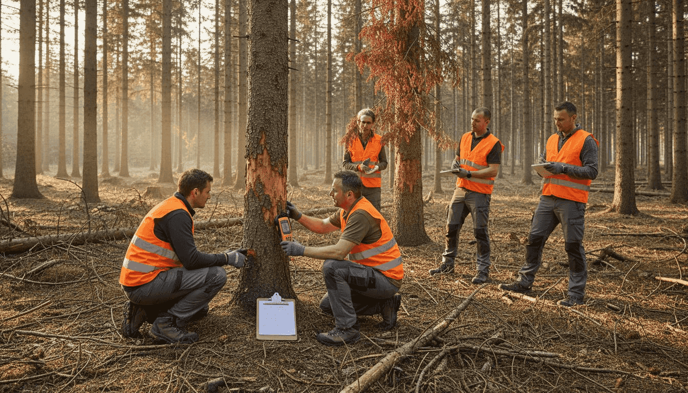Förster begutachten Schäden durch Trockenheit im Fichtenwald.