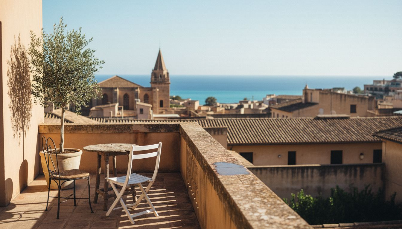 Couple on Mallorca apartment balcony reviewing options