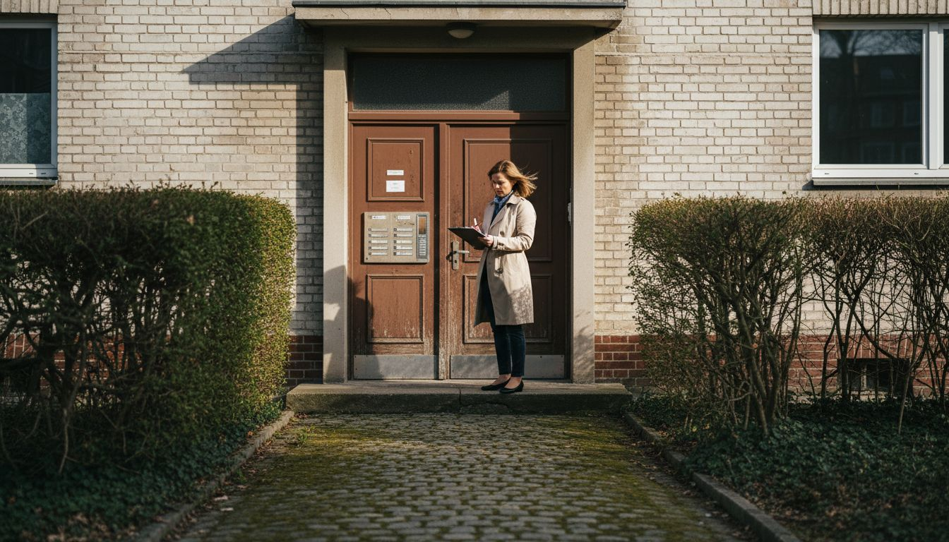 Ein Makler besichtigt den Eingangsbereich einer Immobilie in Wiesbaden.