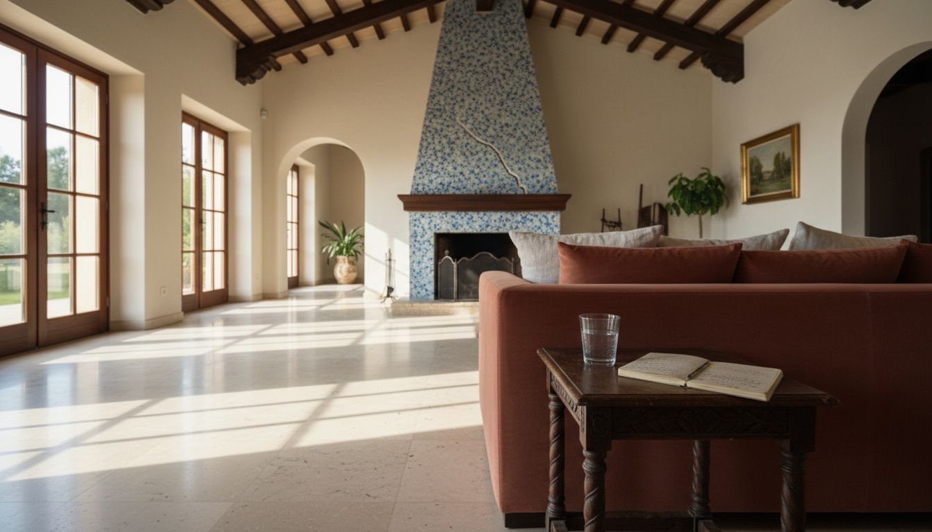 Inspector checking fireplace in luxury living room