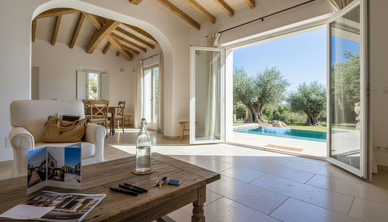Agent displaying Mallorca property and pool