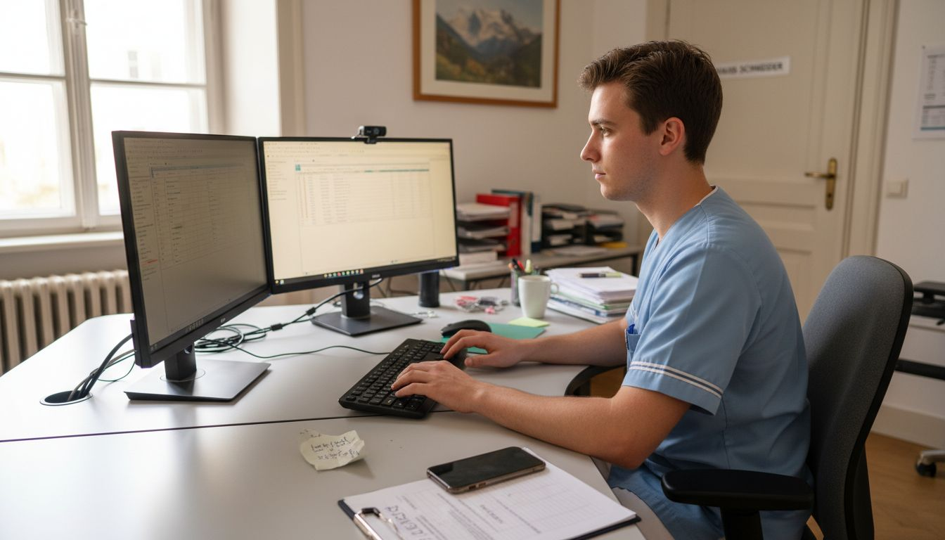 Ein Mitarbeiter arbeitet am Schreibtisch mit einer digitalen Praxissoftware.