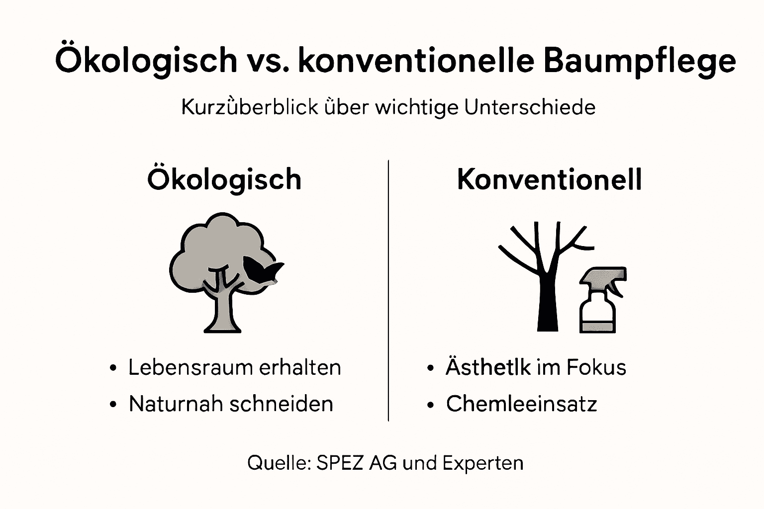 Vergleichsgrafik: Ökologische vs. konventionelle Baumpflege auf einen Blick