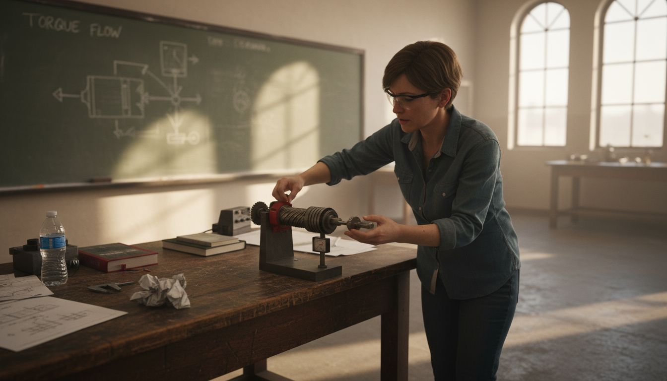 Technician demonstrating torque with shaft model