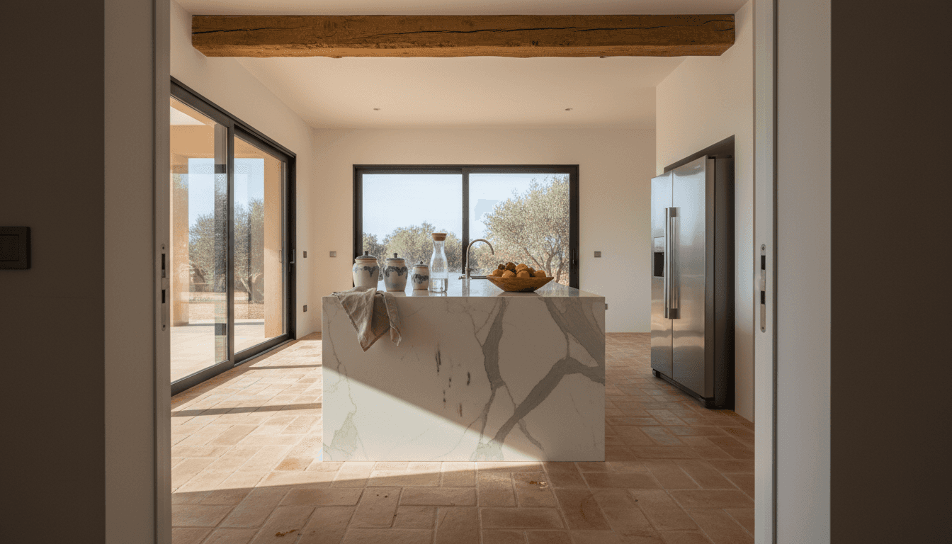 Retiree organizing kitchen in Mallorca home