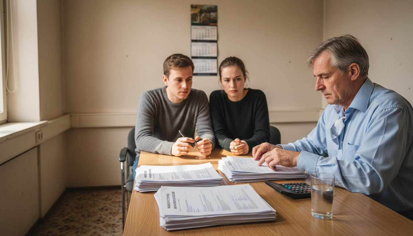 Ein Ehepaar lässt sich von einem Gutachter zum Wert ihrer Immobilie beraten.