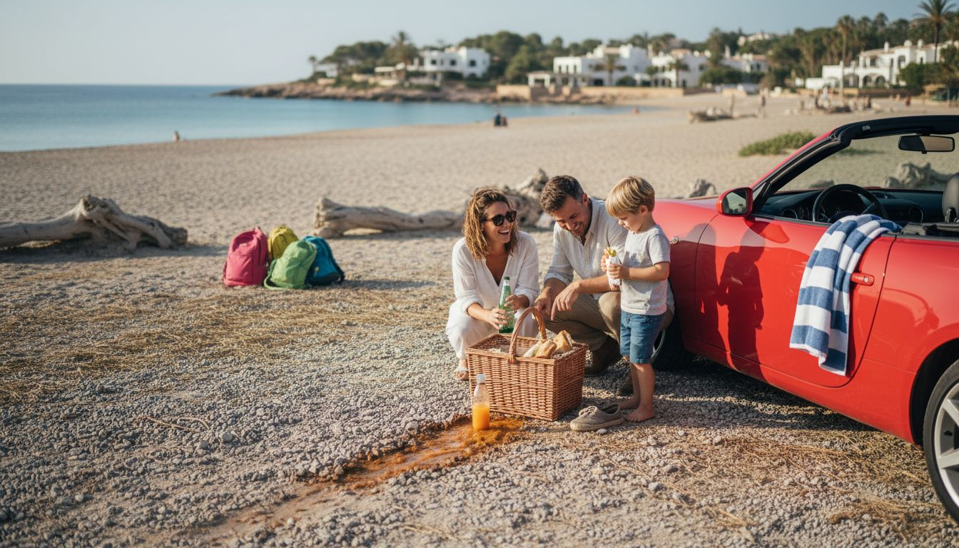 Family preparing picnic by Mallorca beach