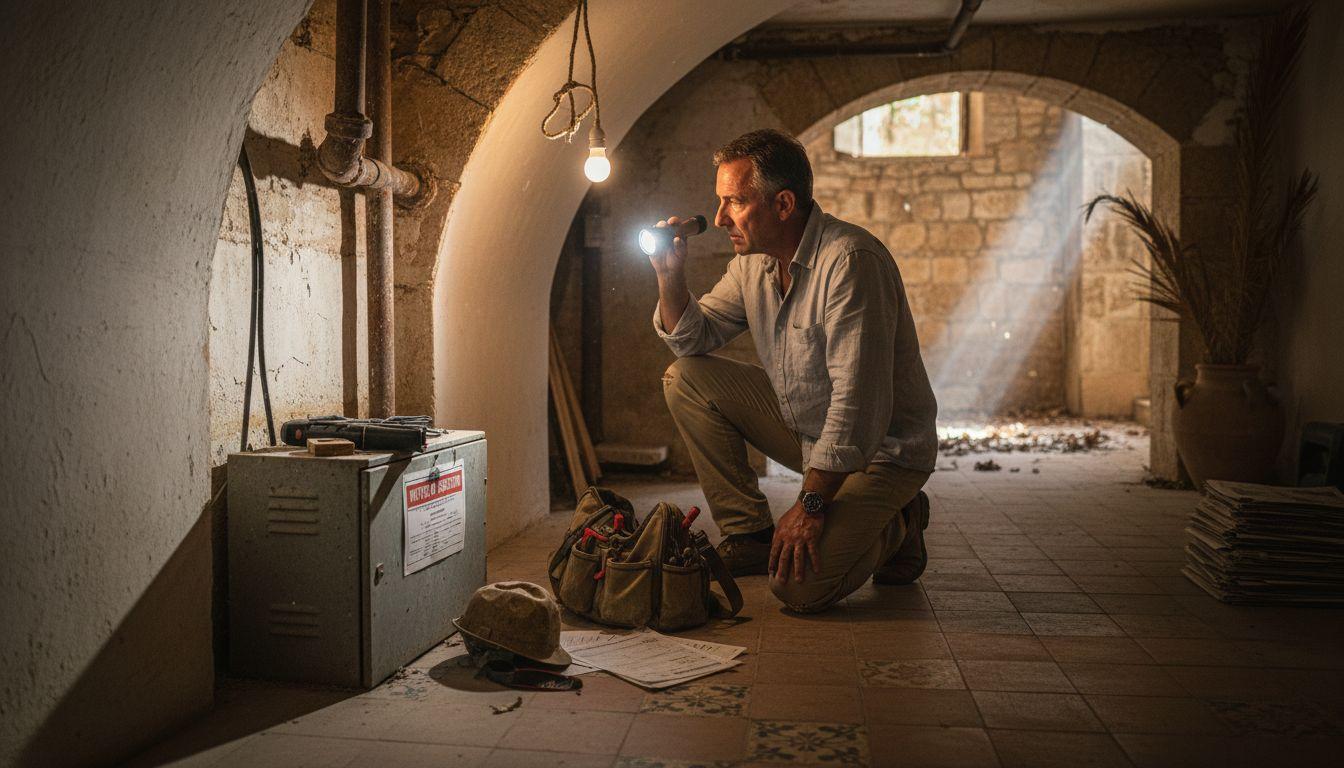 Home inspector checking Mallorca property basement