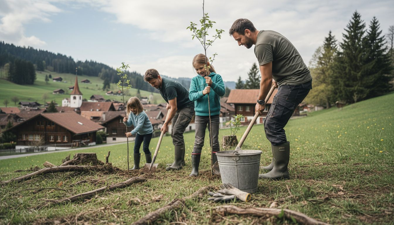 Freiwillige setzen junge Bäume, um die Artenvielfalt zu fördern.
