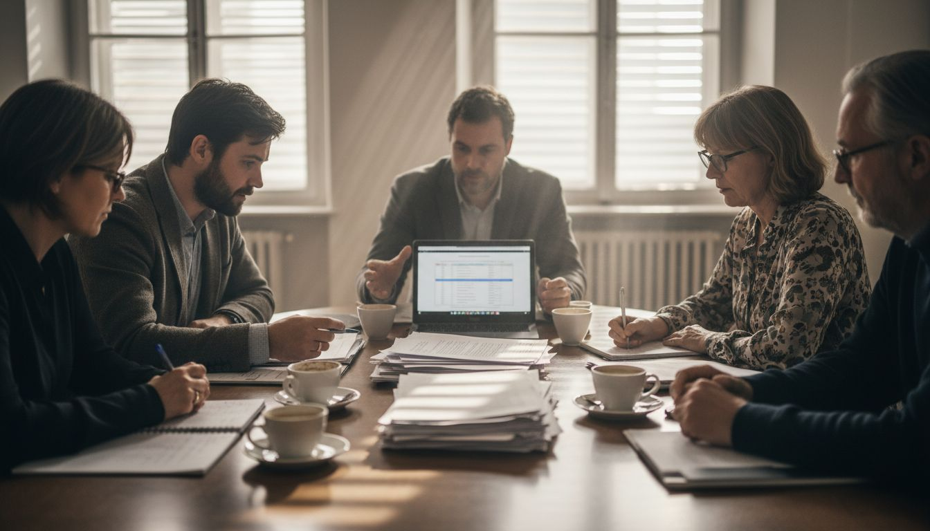 Im Besprechungsraum diskutieren die Wohnungseigentümer über die Verwaltung ihrer Anlage.
