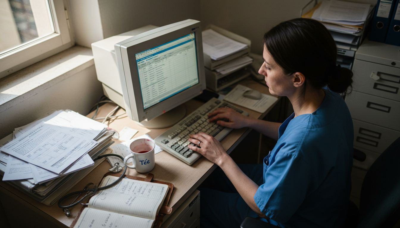 Ein Arzt tippt Patientendaten in den Computer, während auf seinem überladenen Schreibtisch stapelweise Unterlagen und medizinische Geräte liegen.