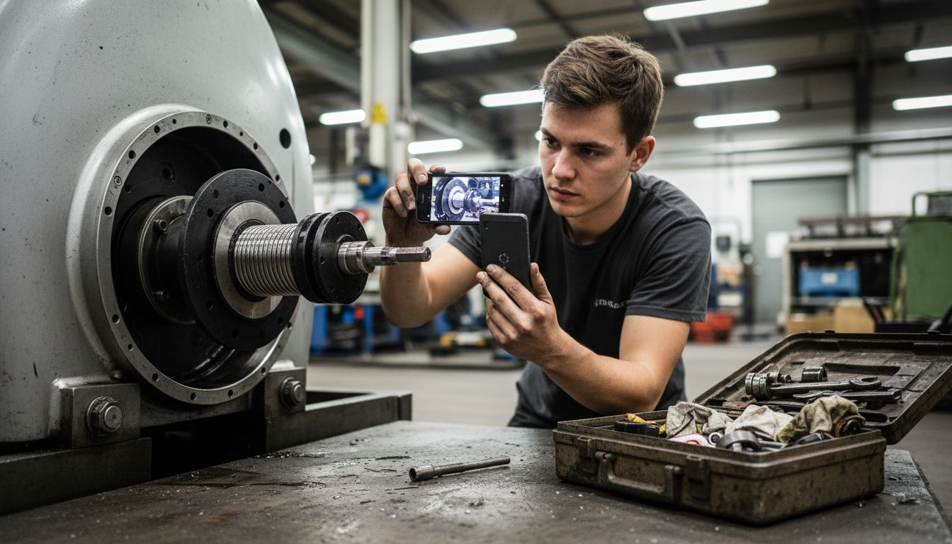 Ein Mitarbeiter dokumentiert die Details der Montage einer flexiblen Welle mit Fotos.