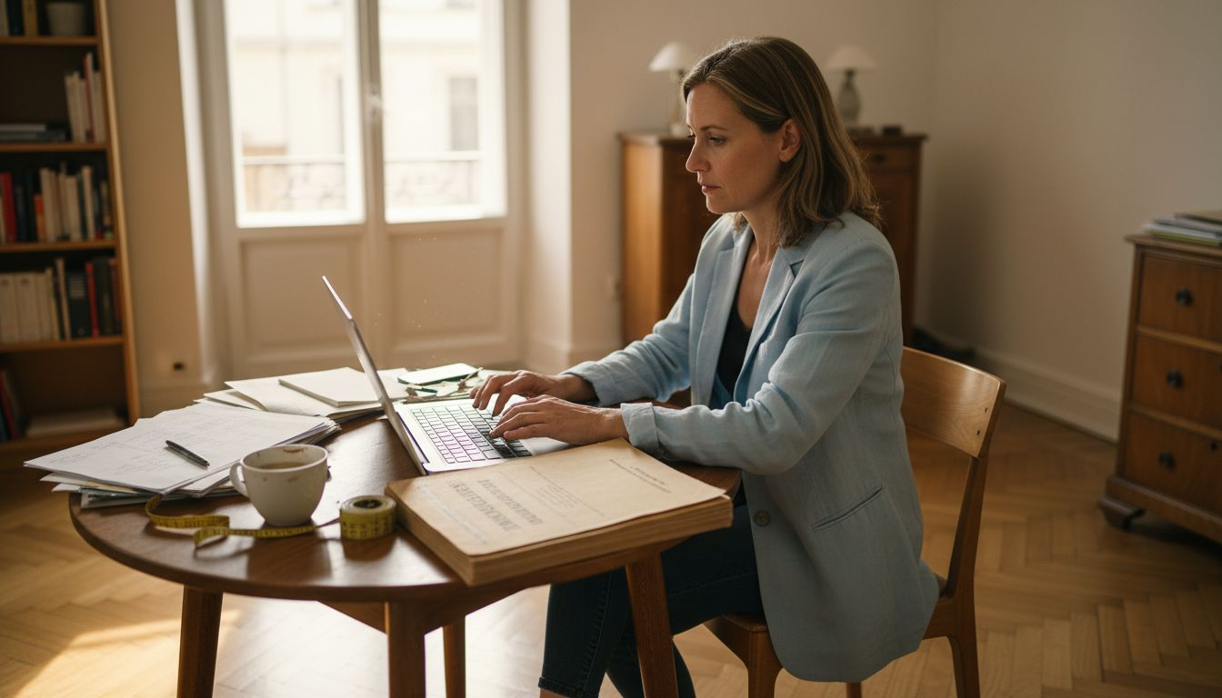 Eine Immobilienmaklerin sichtet und bewertet die relevanten Unterlagen für die Wertermittlung einer Immobilie.