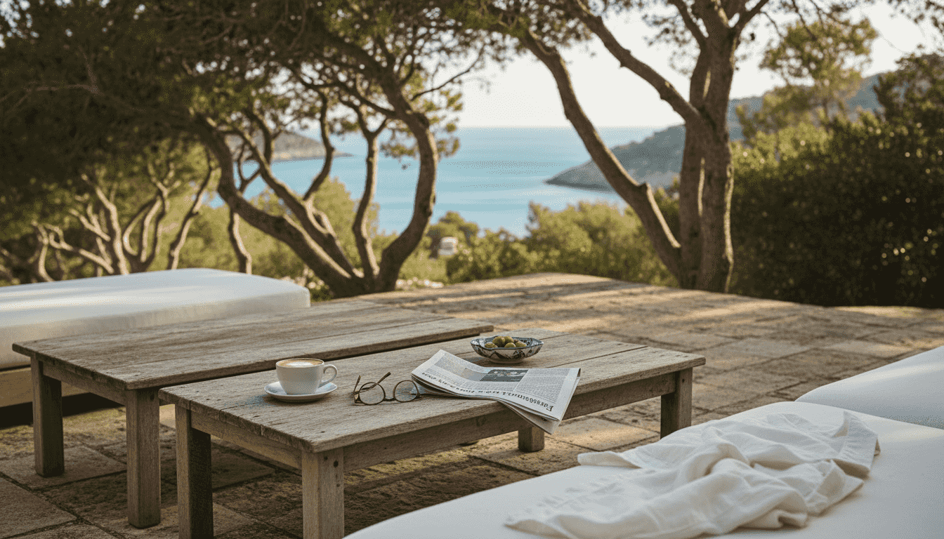 Retired man relaxing on Mallorca villa terrace