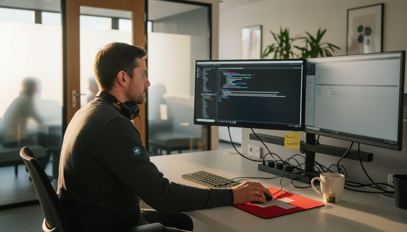 Ein IT-Experte überprüft die Sicherheitsvorkehrungen im Praxisbüro.