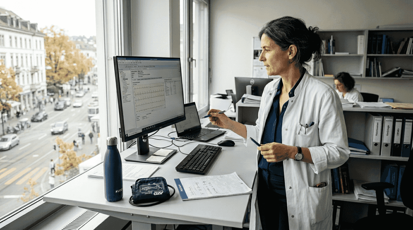 Im Sprechzimmer wertet der Kardiologe die Überwachungsdaten seiner Patientin bzw. seines Patienten aus.