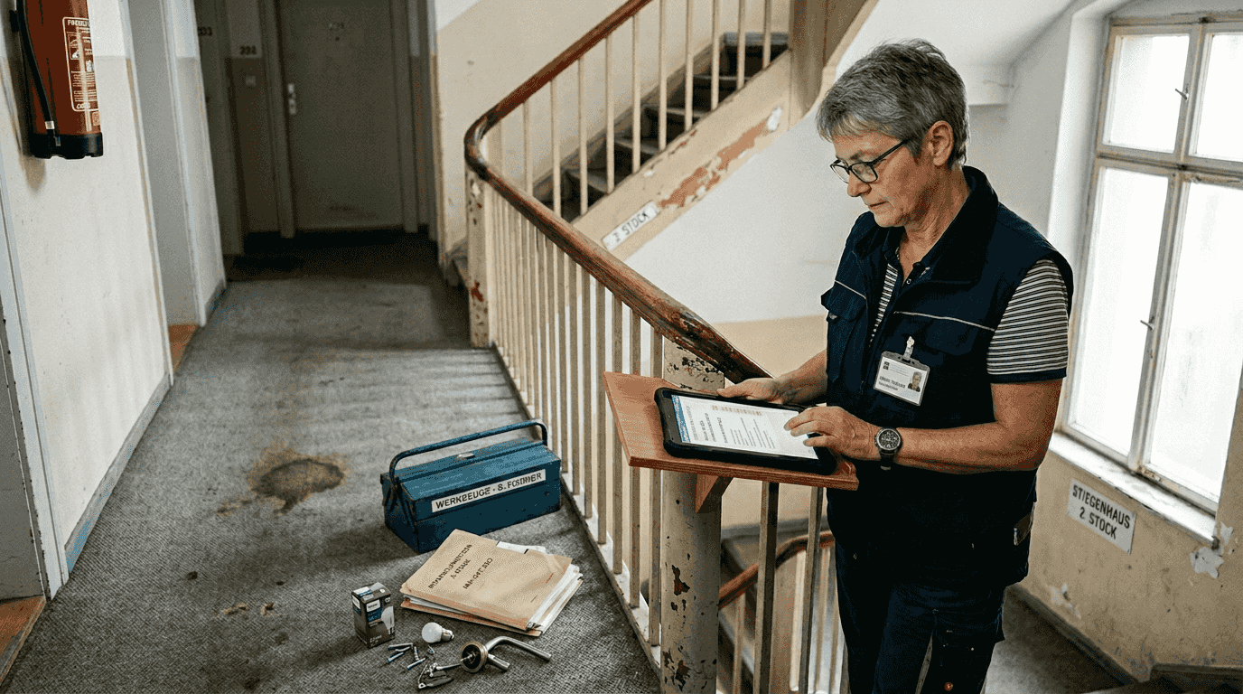 Die Facility-Managerin überprüft den Wartungsplan auf ihrem Tablet.