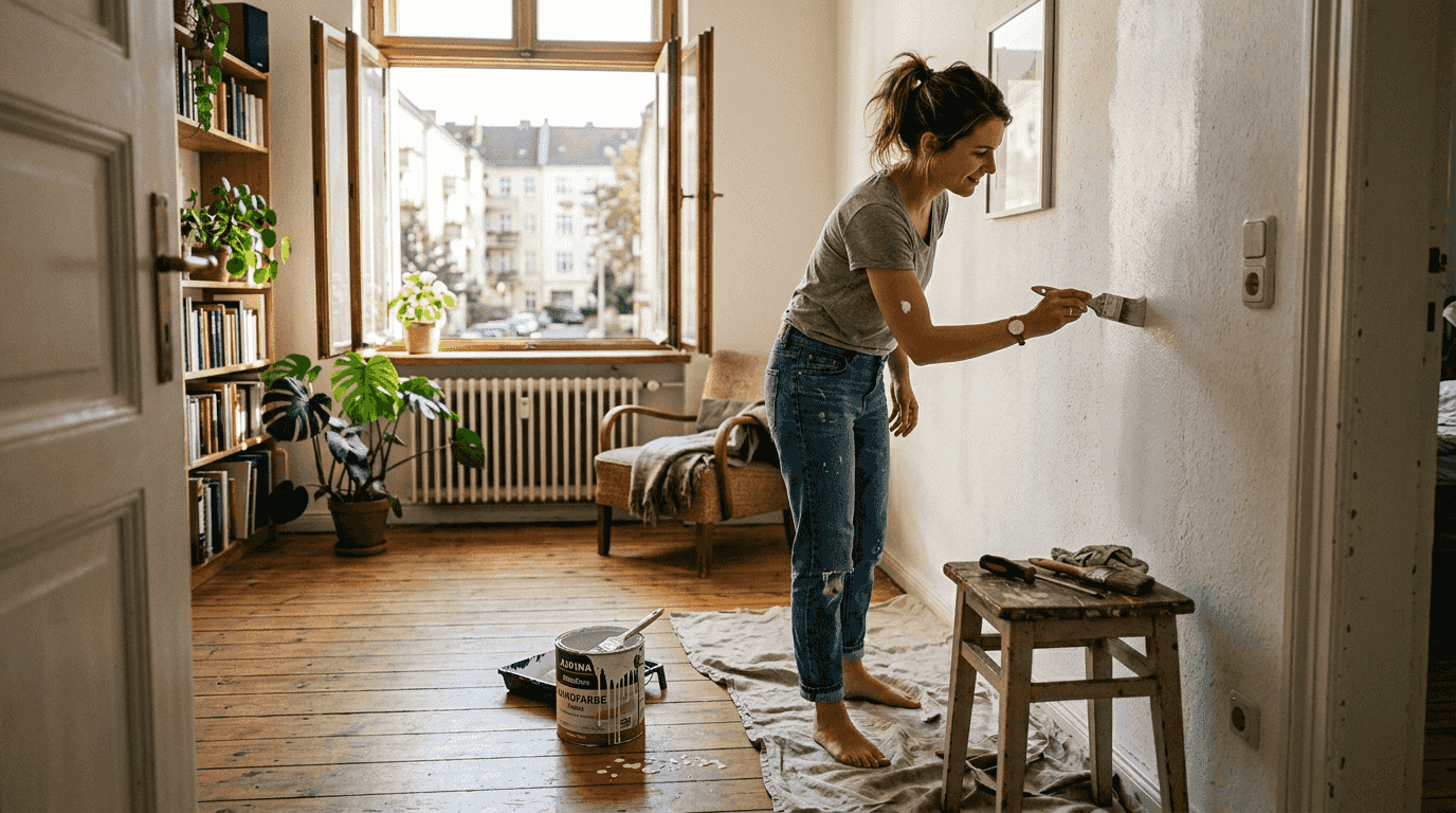Eine Frau verpasst der Wohnzimmerwand in ihrer Altbauwohnung einen frischen Anstrich.