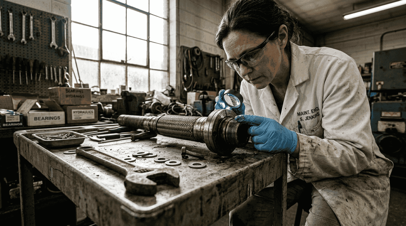 Engineer inspecting flexible shaft for damage