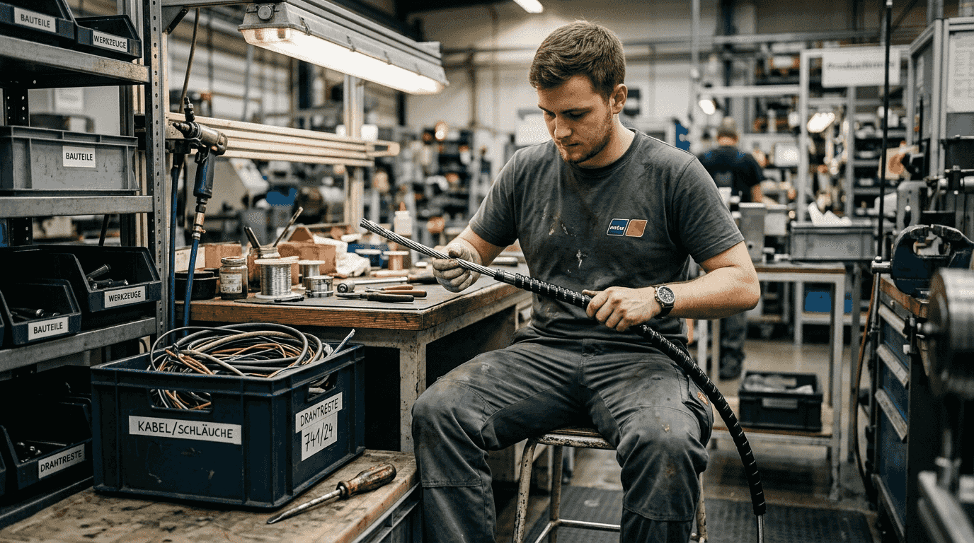 Ein Servicetechniker richtet den Montagearbeitsplatz für die flexible Welle ein.