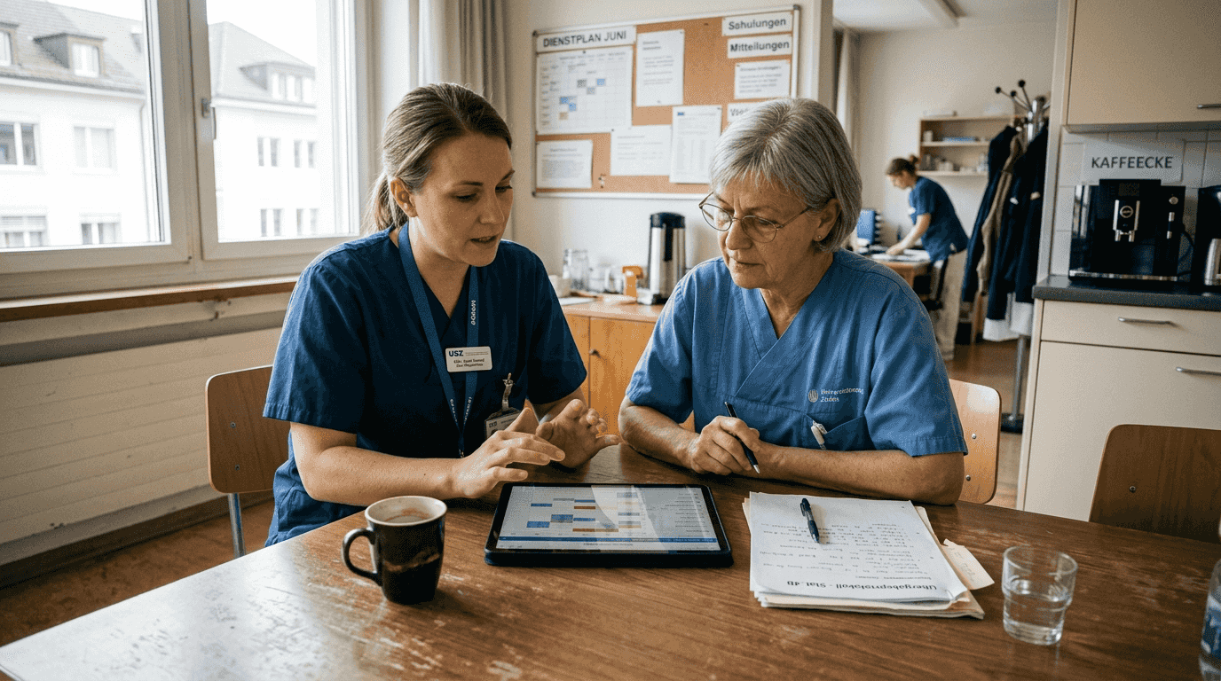 Pflegekräfte tauschen sich im Besprechungsraum aus und arbeiten gemeinsam am Tablet.