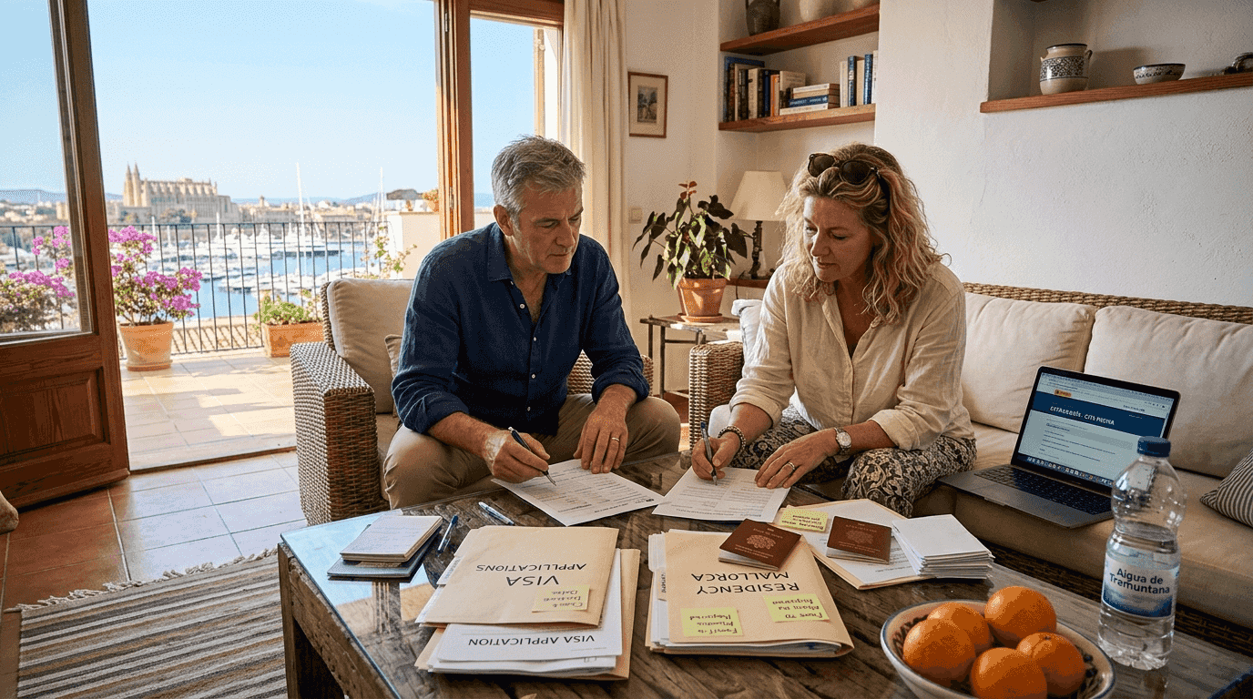 Couple preparing Mallorca relocation paperwork