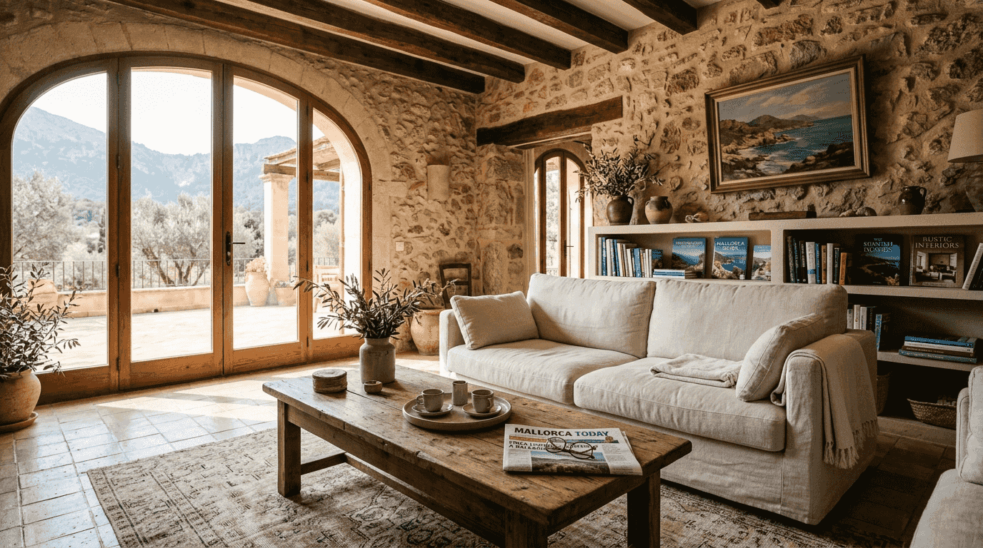Mallorca finca interior with stone walls and beams