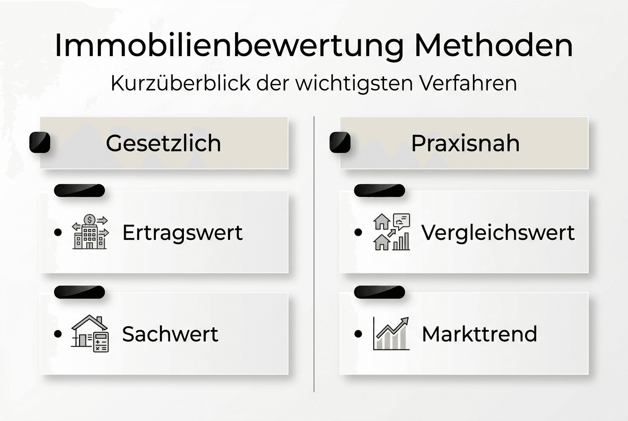 Die Infografik gibt einen Überblick über die gängigen Verfahren zur Bewertung von Immobilien.