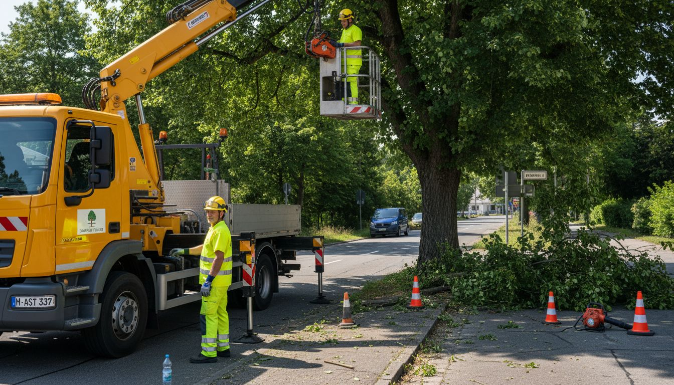 Baumpfleger setzen einen Kran ein, um Äste sicher und kontrolliert zu schneiden.