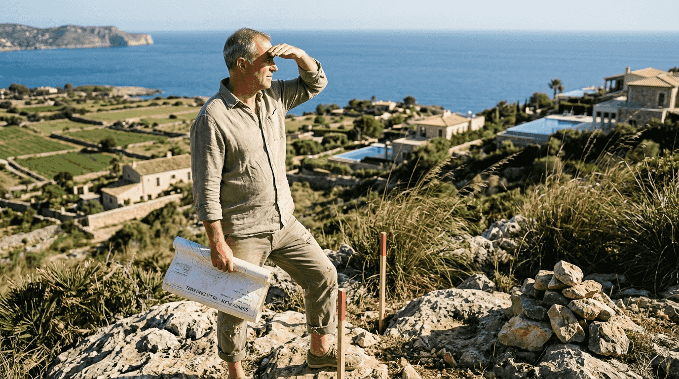 Investor inspecting Mallorca coastal land site