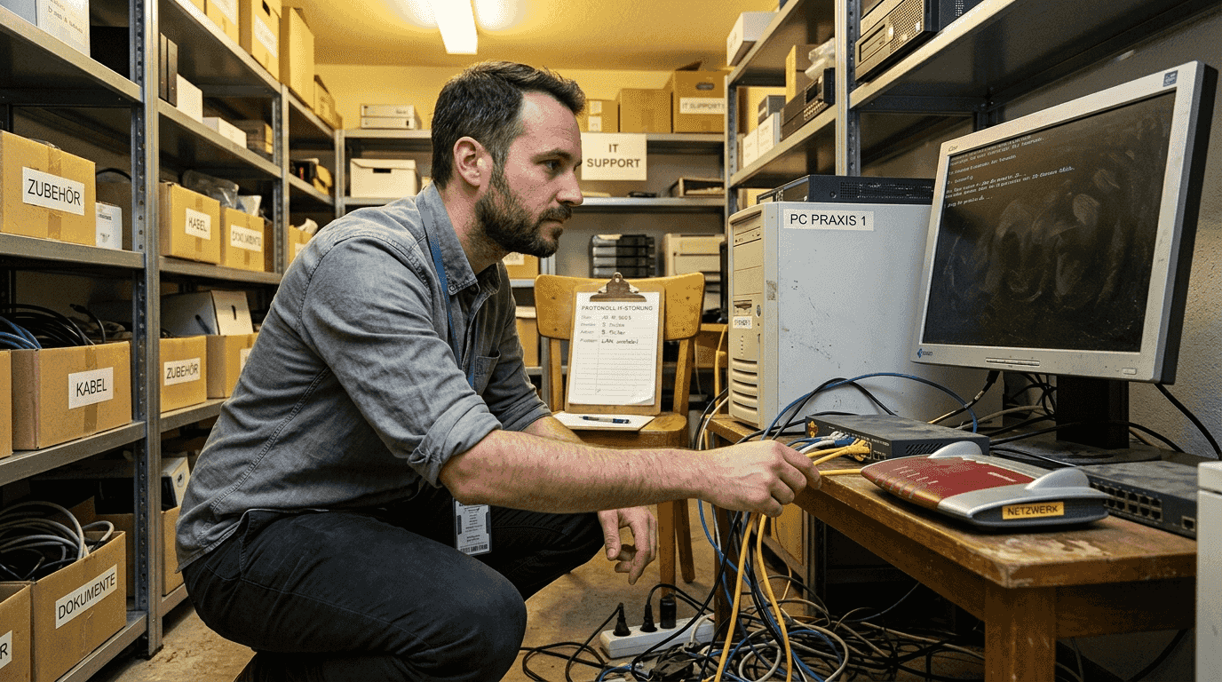 Ein Administrator nimmt das Praxisnetzwerk genau unter die Lupe und prüft es auf mögliche Sicherheitslücken.
