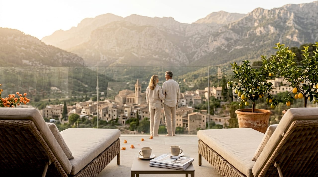 Couple admiring luxury villa view in Soller