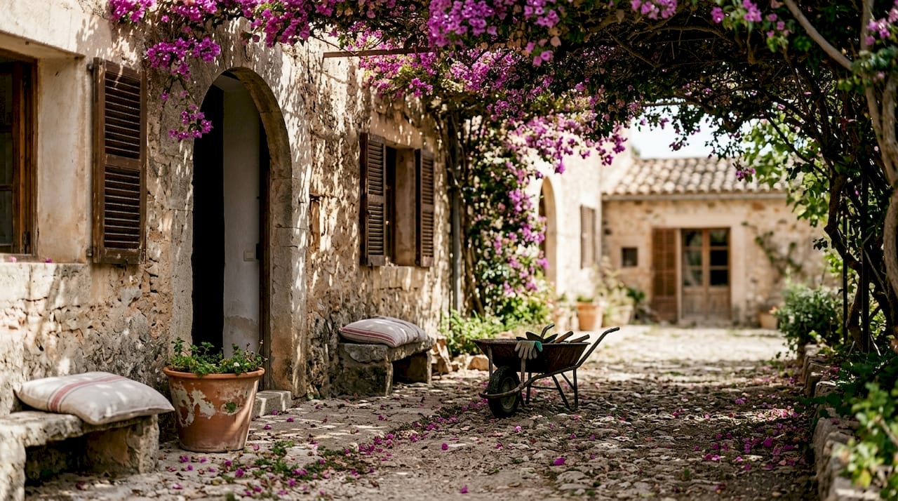 Man in Mallorca finca garden doing yardwork
