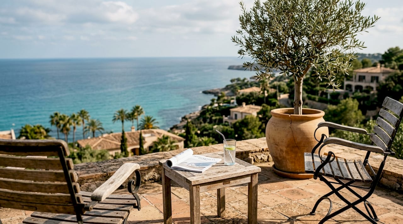 Couple on Mallorca villa terrace with sea view