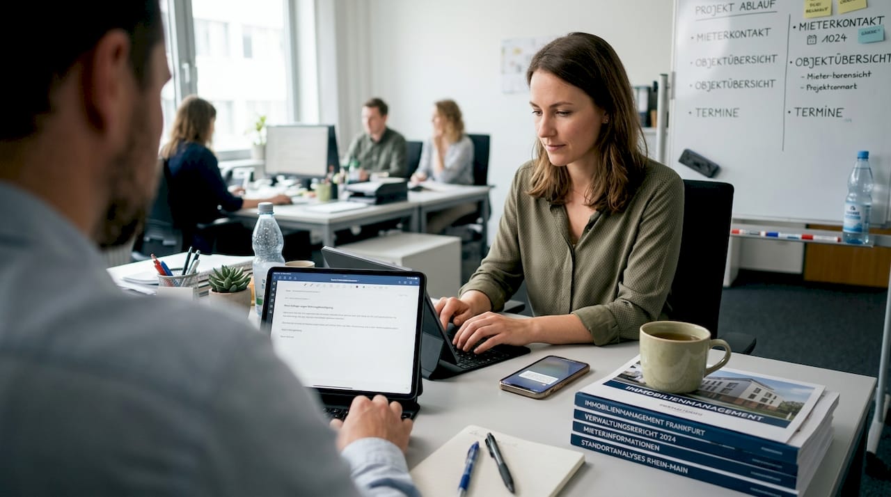 Eine Mitarbeiterin nutzt im Büro ein Tablet, um digital zu arbeiten.