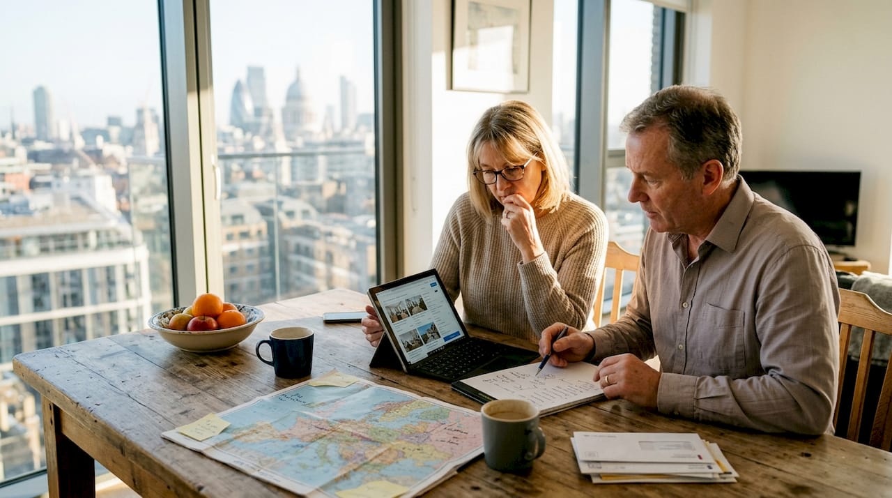 Couple reviewing international property listings