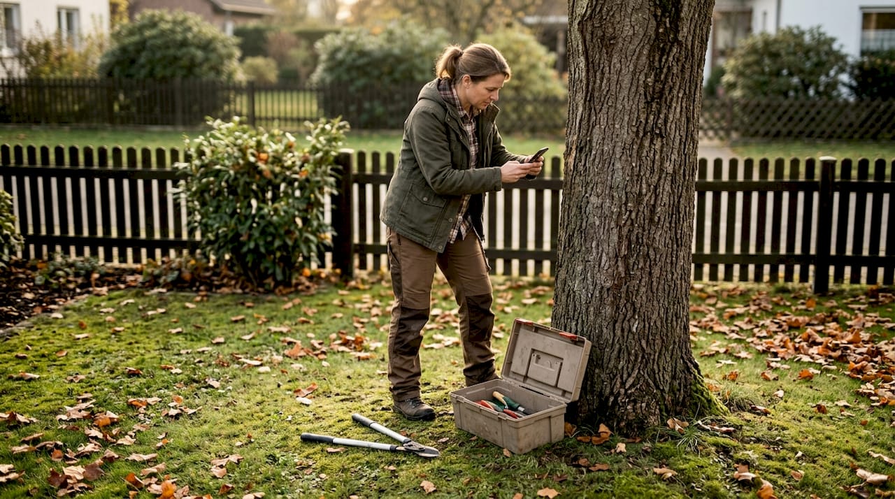 Eine Gärtnerin hält die Entwicklung und Pflege ihres Baumes in einem Tagebuch fest.