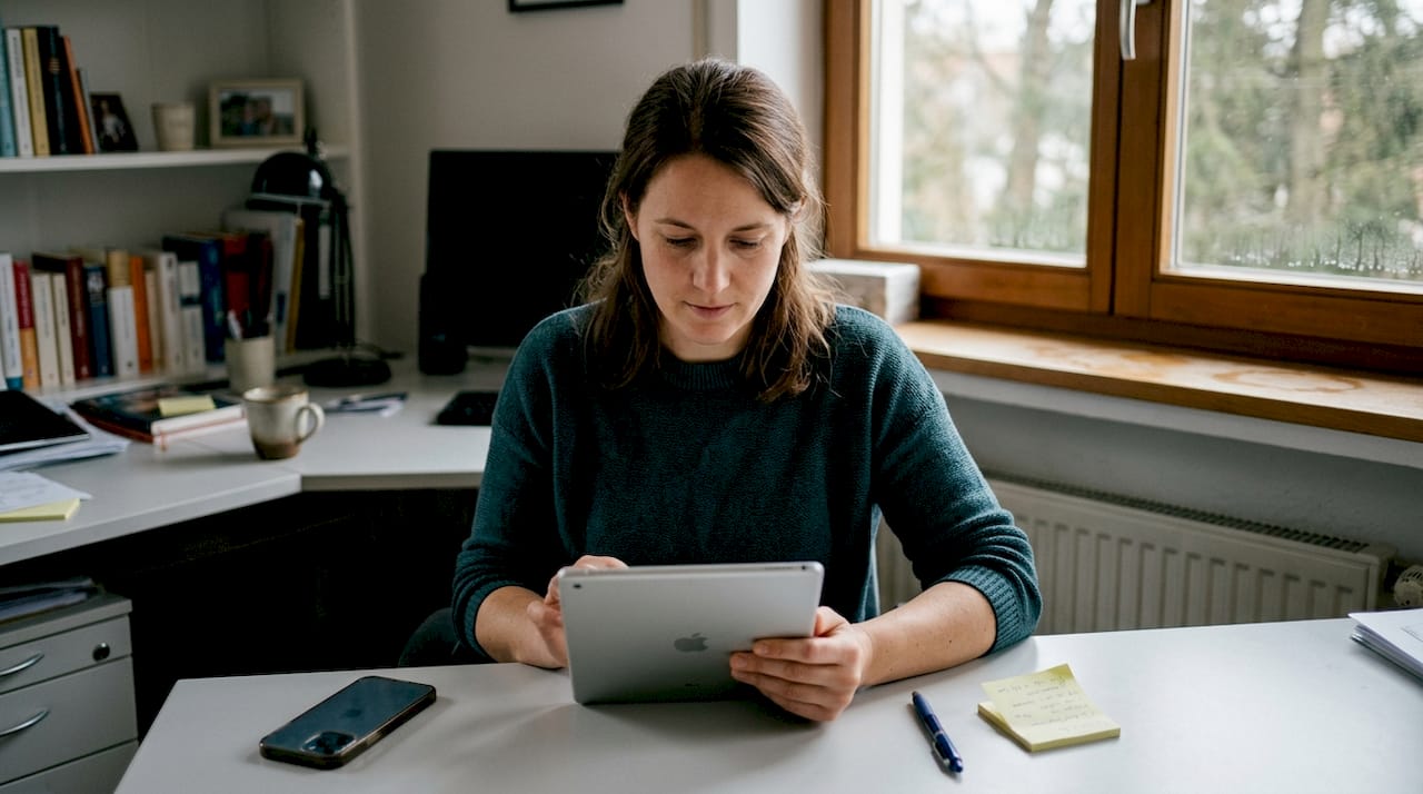 Eine Frau recherchiert am Schreibtisch auf einem Online-Portal nach Immobilien.