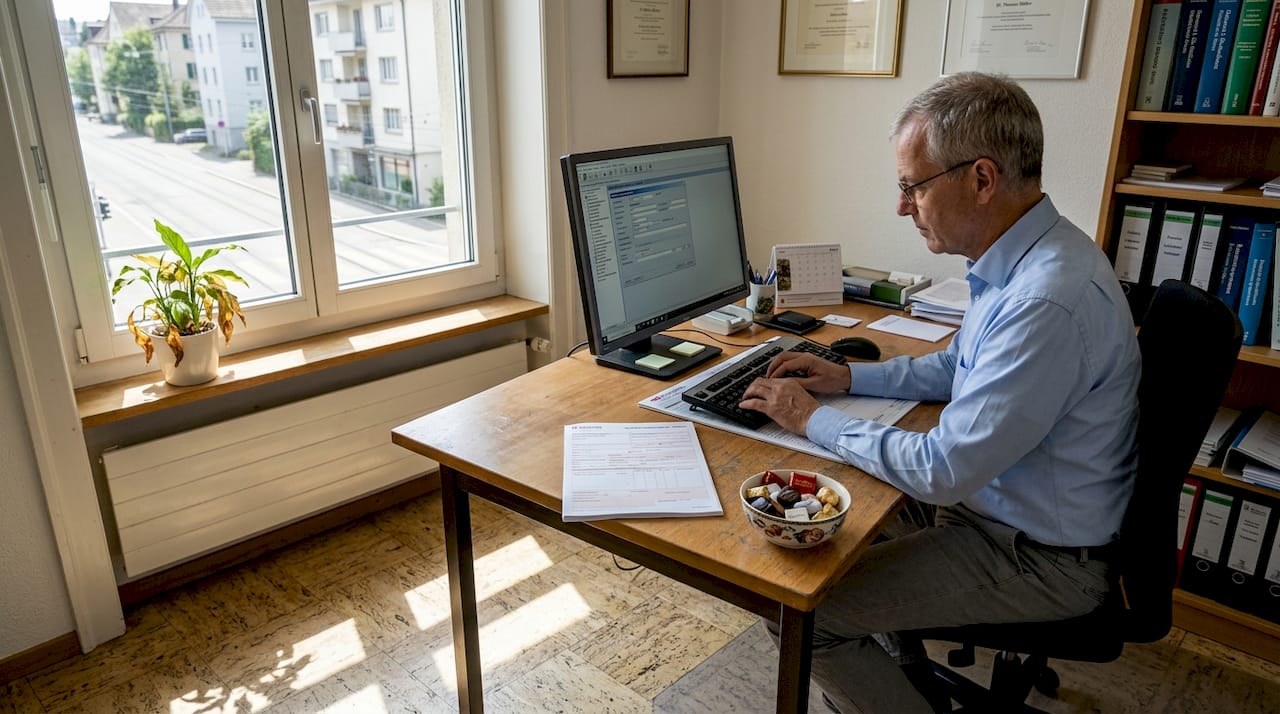Der Hausarzt sitzt in seinem Sprechzimmer und erledigt am Computer die täglichen Verwaltungsaufgaben.