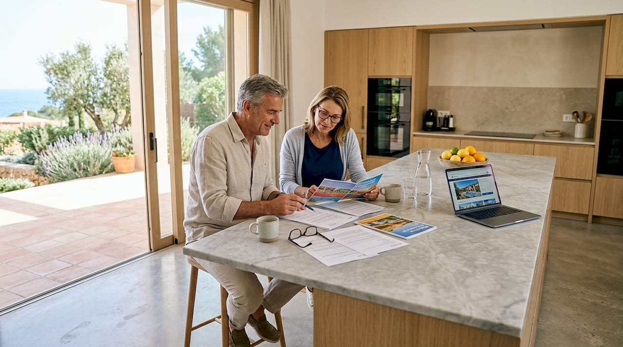 Couple reviewing documents in luxury Mallorca villa