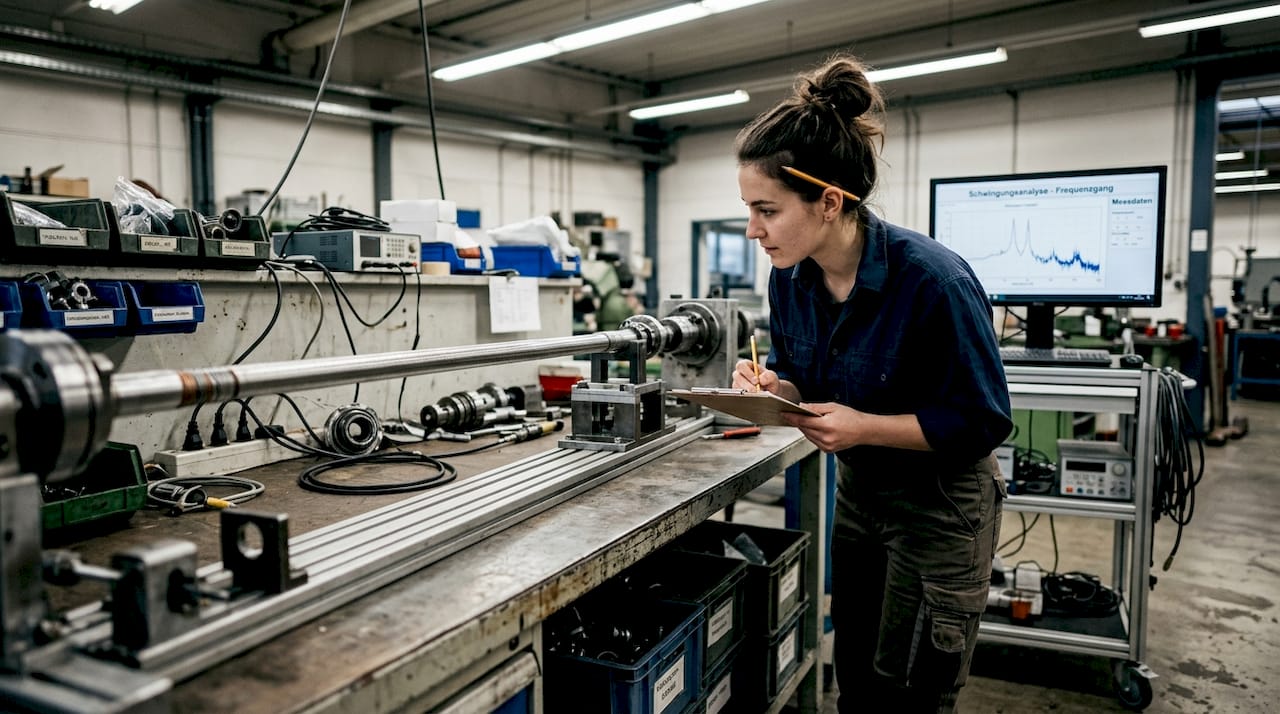 Ein Ingenieur überprüft den Versuchsaufbau für die Messung von Antriebswellenvibrationen.