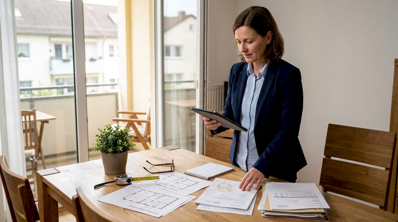 Ein Immobiliengutachter prüft die Wohnung und nimmt am Tisch alle wichtigen Details unter die Lupe.