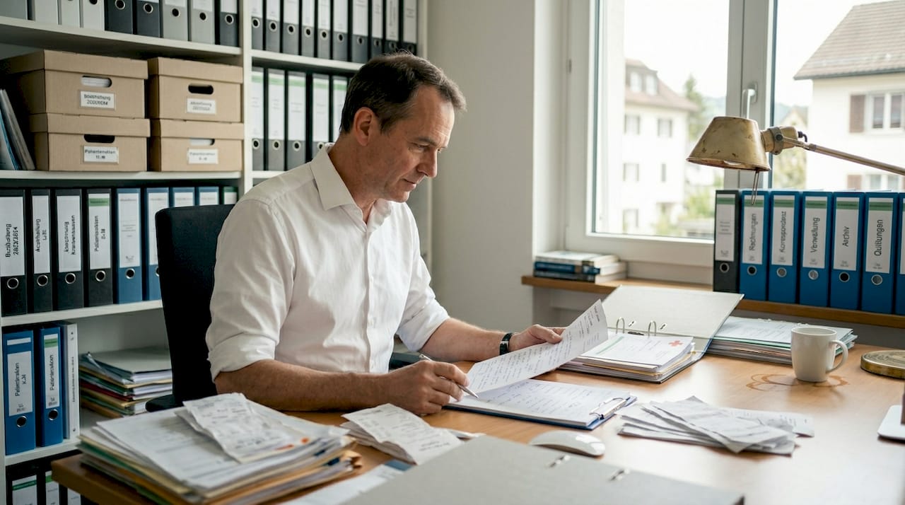 Ein Arzt prüft handschriftlich ausgefüllte Abrechnungsunterlagen.