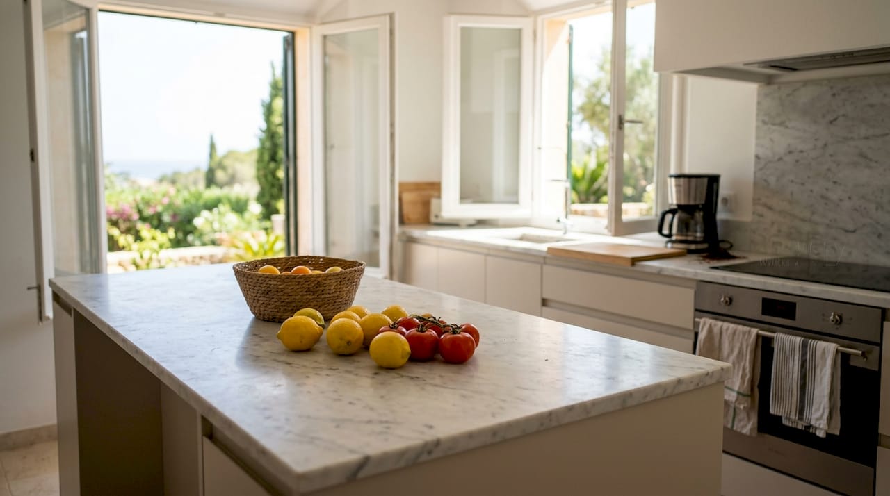Woman arranging fruit in bright Mallorca kitchen