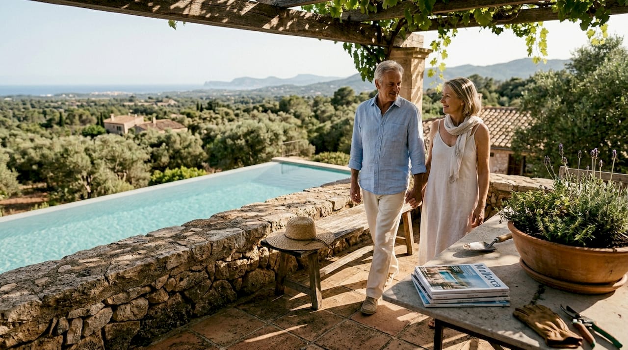 Couple walking on Mallorca villa terrace