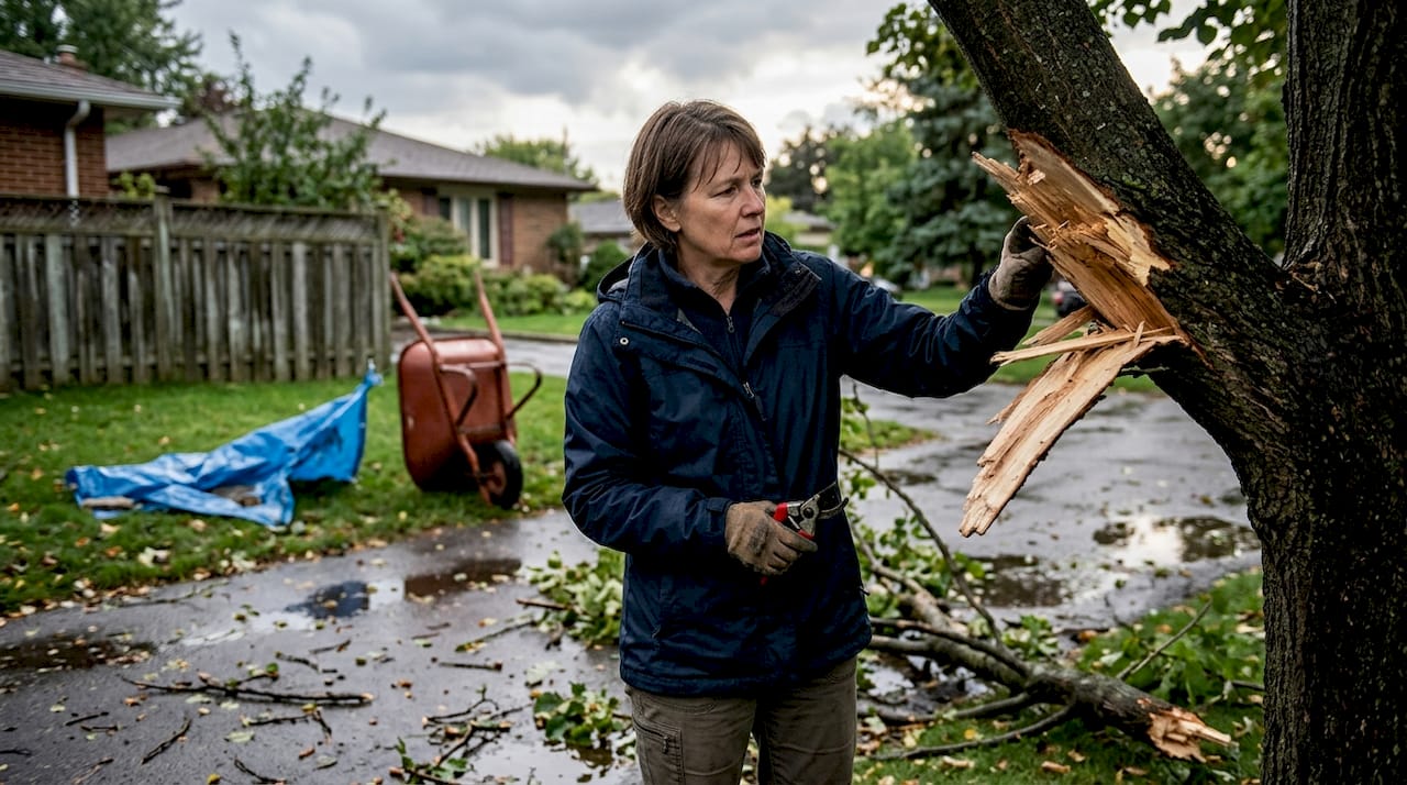 Eine Frau begutachtet einen vom Sturm beschädigten Ast.