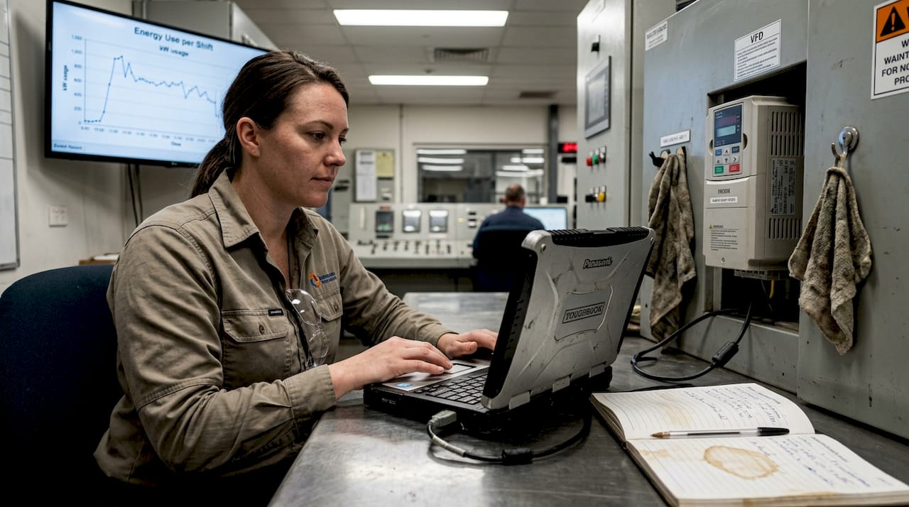 Engineer monitors energy use at drive cabinet