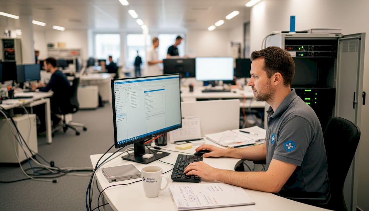 Ein IT-Fachmann richtet die Software für die Praxis ein.