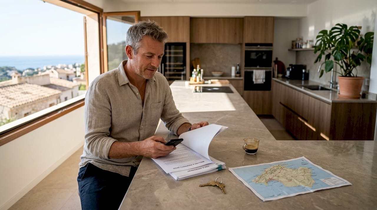 Man reviews property documents in Mallorca kitchen