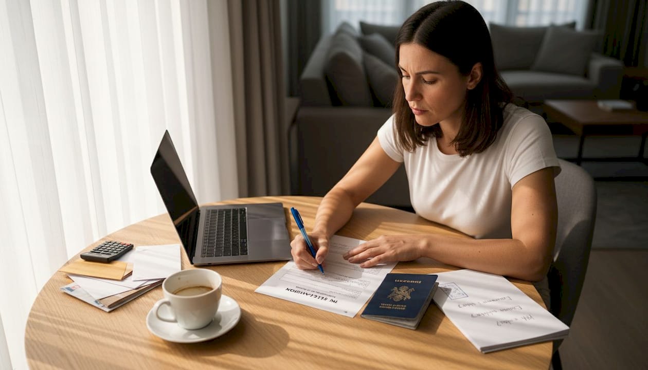 Woman completing NIE form with documents at table